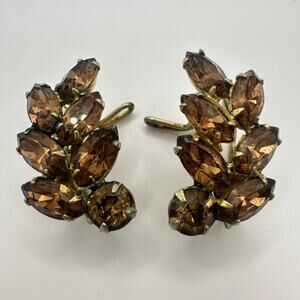 Judith McCann 1940s vintage gold tone topaz rhinestones wingback clip earrings